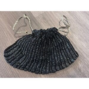 Vintage 1920s Metal mesh beaded‎ purse wristlet cinch close w/metal fiber cinch